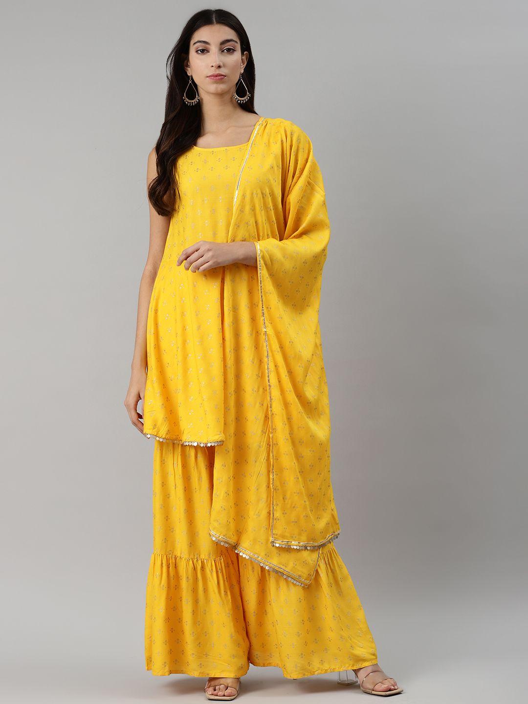 aayusika women mustard yellow & golden printed kurta with sharara & dupatta