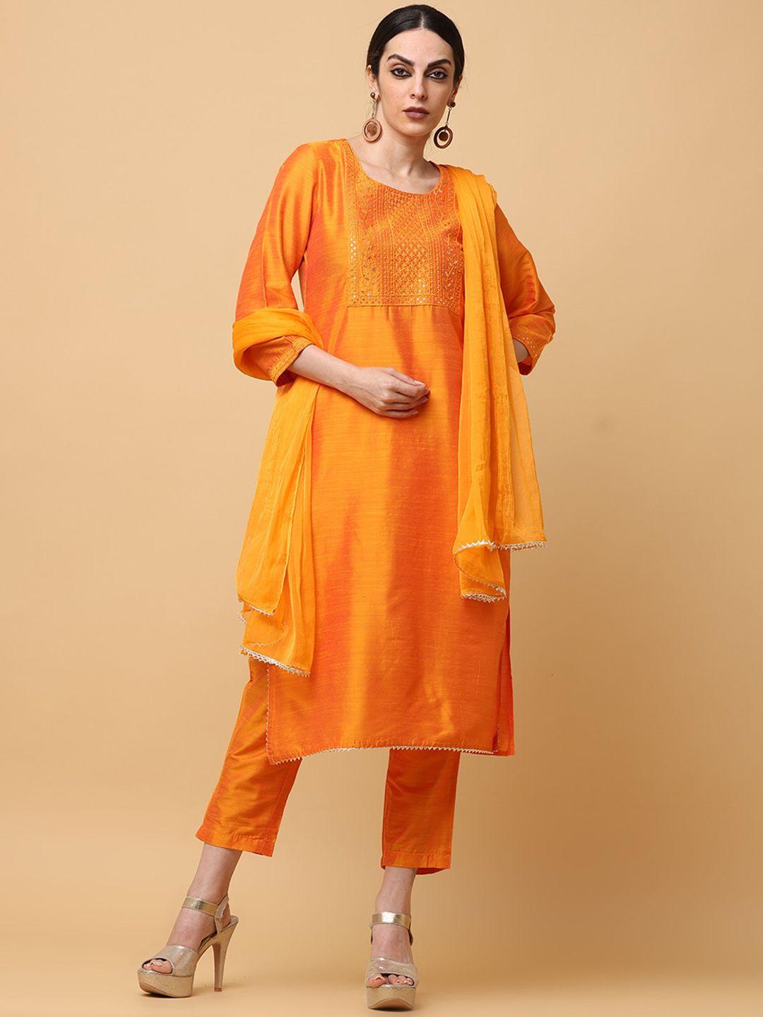 aayusika women orange floral yoke design regular thread work kurta with trousers & with dupatta