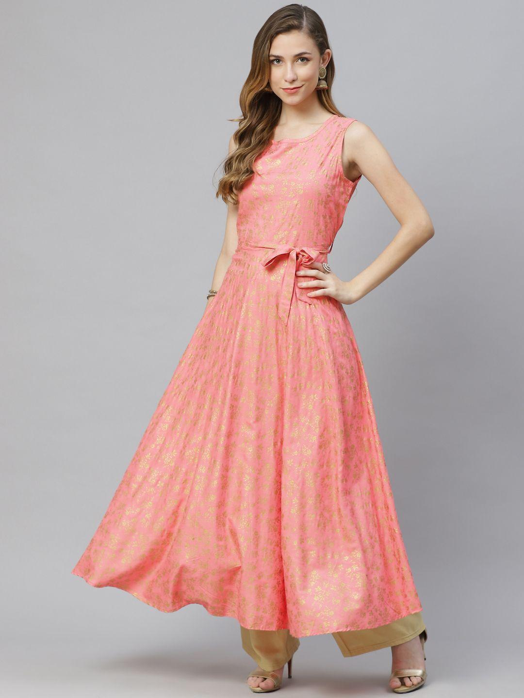 aayusika women pink & gold-toned printed anarkali kurta