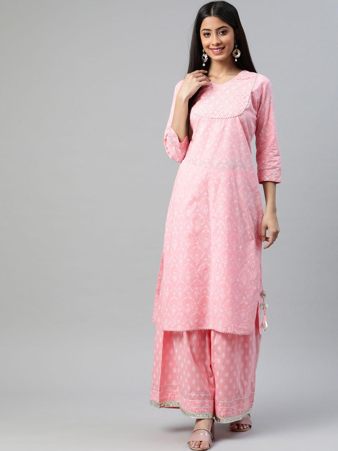 aayusika women pink ethnic motifs printed gotta patti pure cotton kurta with sharara