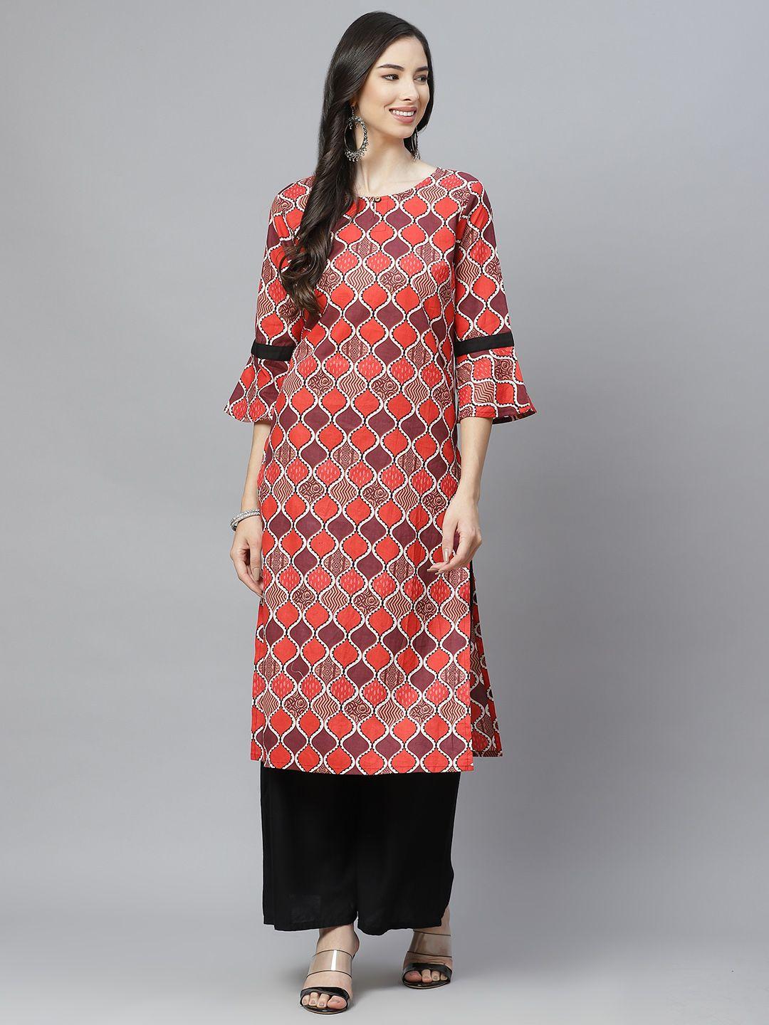 aayusika women red & pink ethnic motifs printed bell sleeves kurta