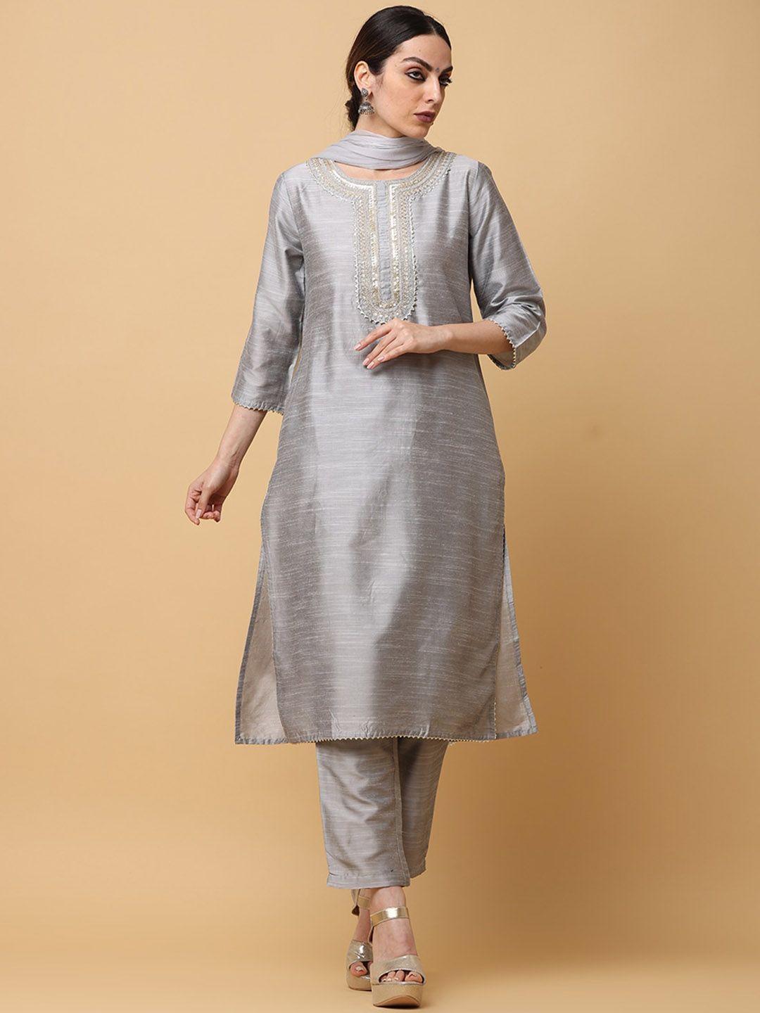 aayusika women silver-toned ethnic motifs yoke design regular sequinned kurta with trousers & with dupatta