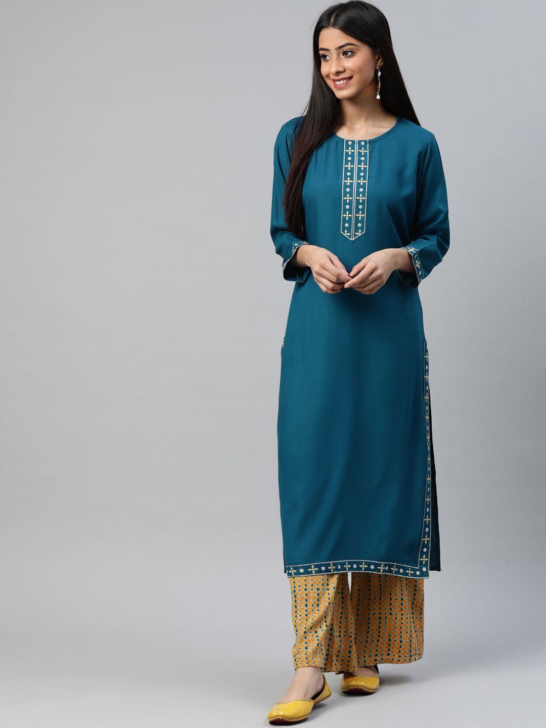 aayusika women teal blue & orange floral embroidered kurta with palazzos