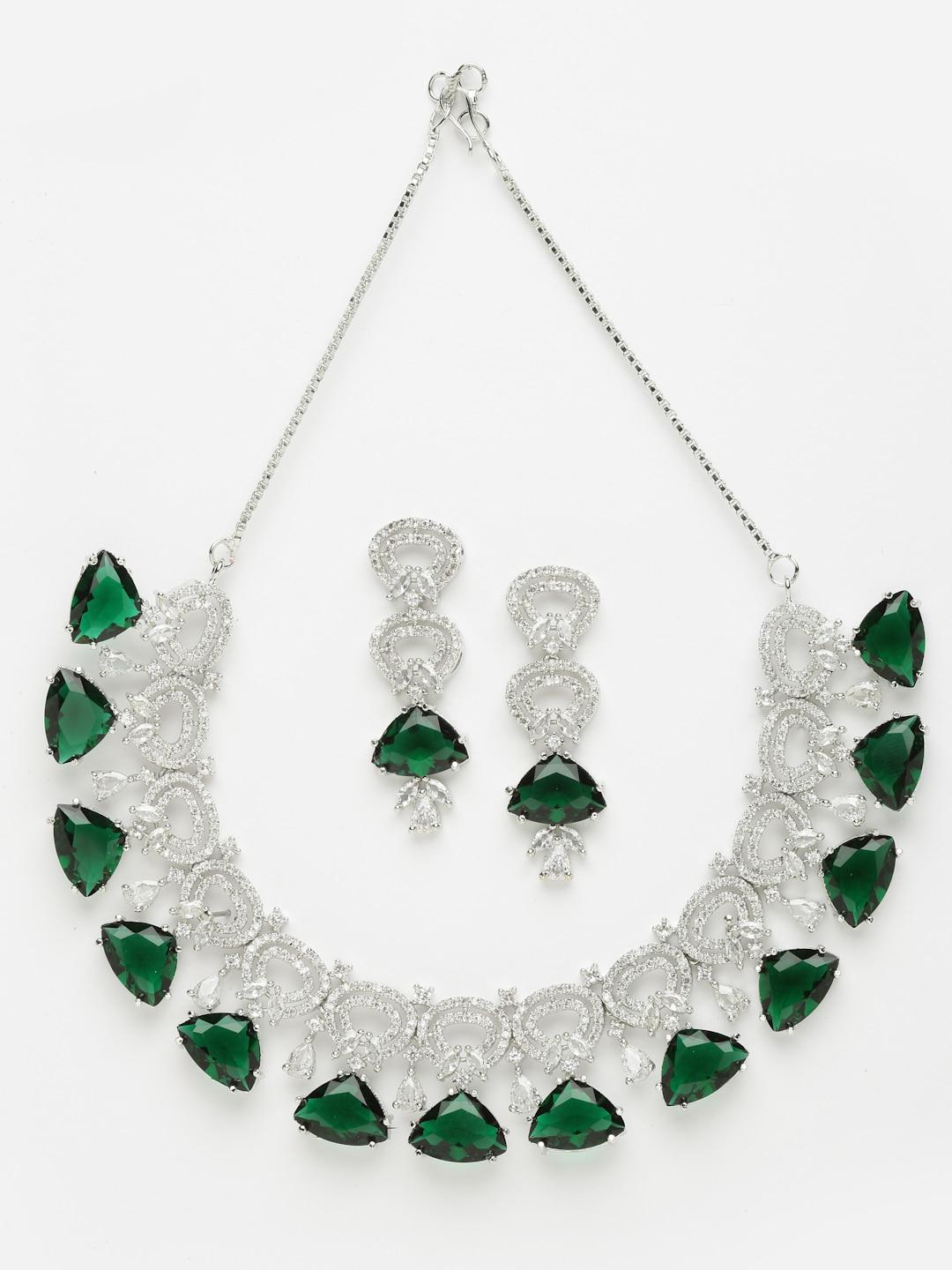 aazeen rhodium-plated ad studded choker necklace & drop earrings jewellery set