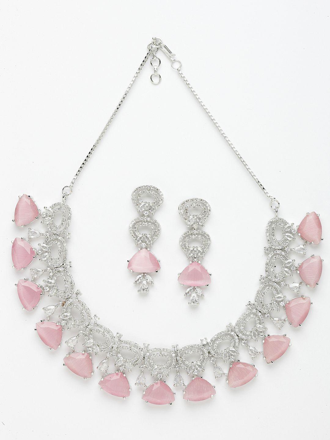 aazeen rhodium-plated american diamond studded choker necklace & drop earrings set
