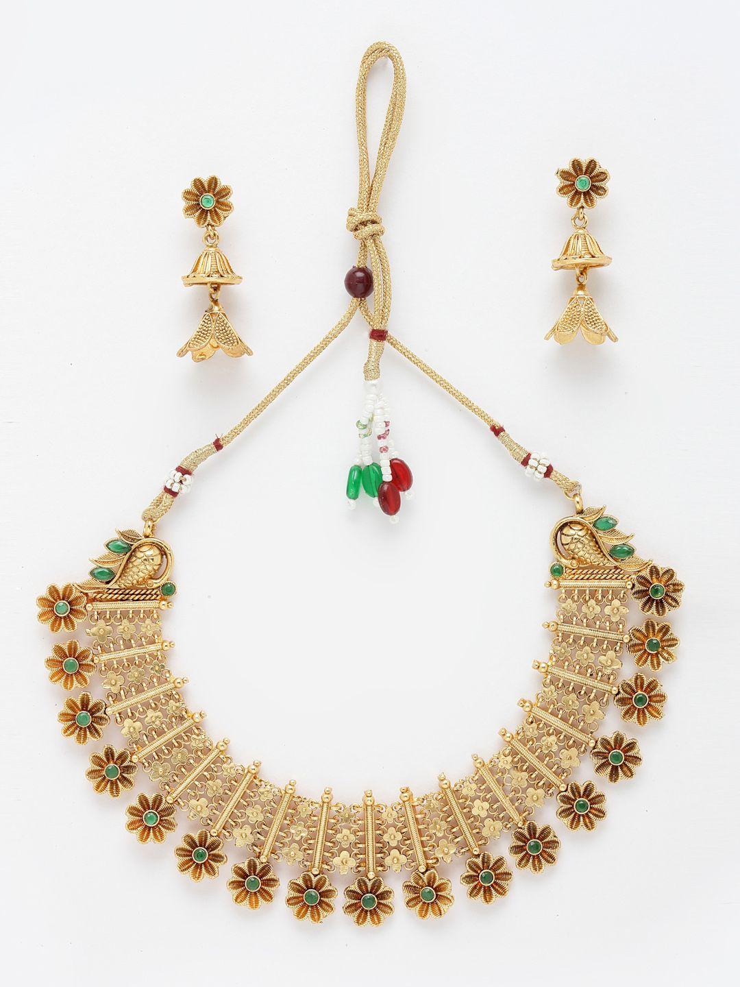 aazeen gold-plated floral design artificial stone studded jewellery set