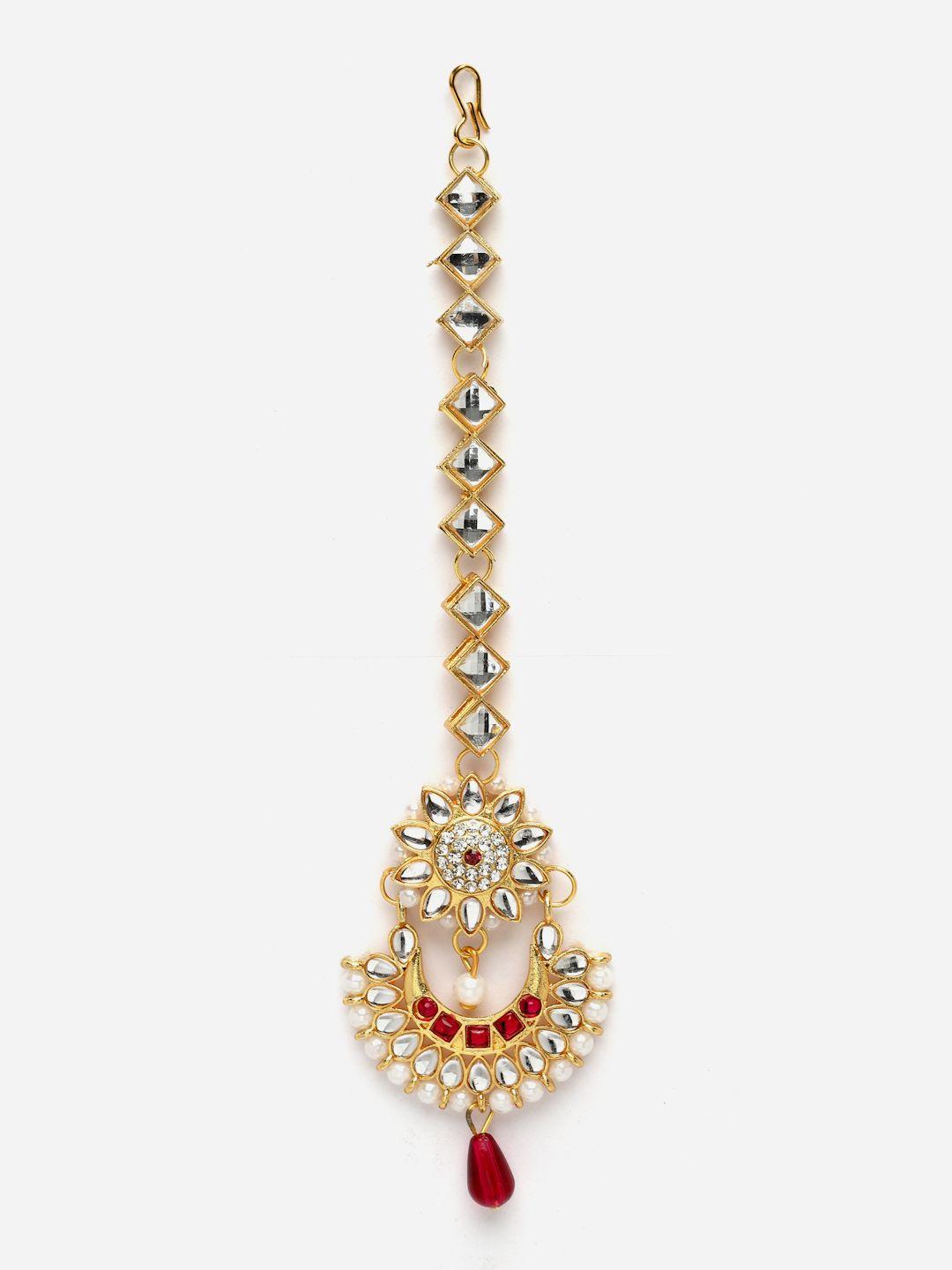 aazeen gold-plated kundan-studded & beaded crescent shaped maang tikka