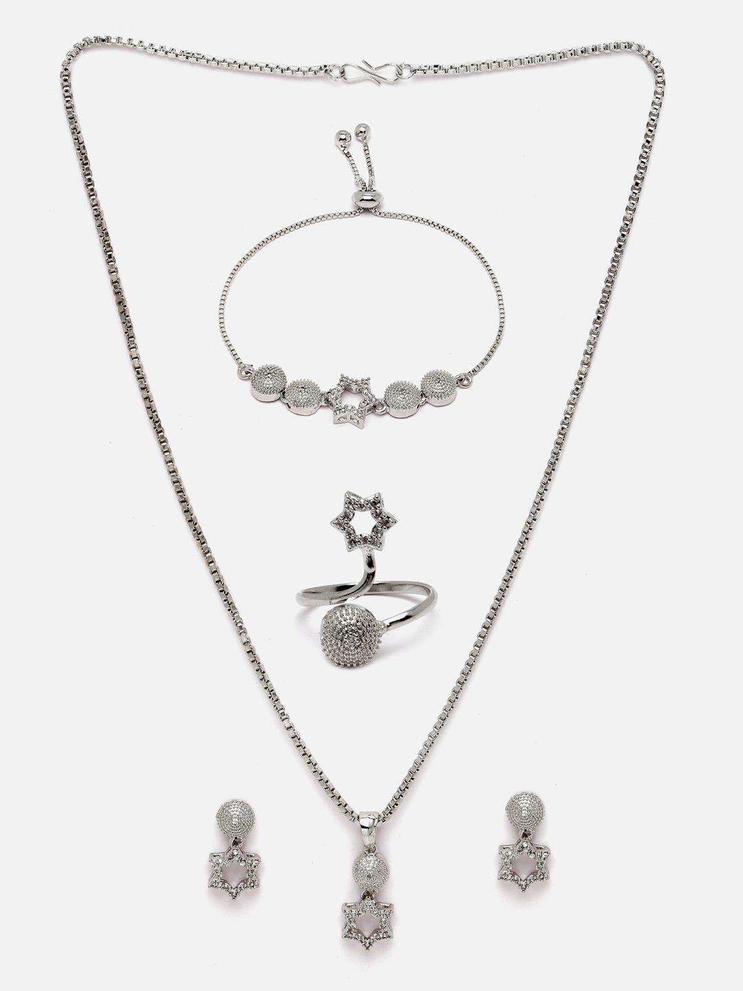aazeen rhodium-plated american diamond studded star shaped jewellery set