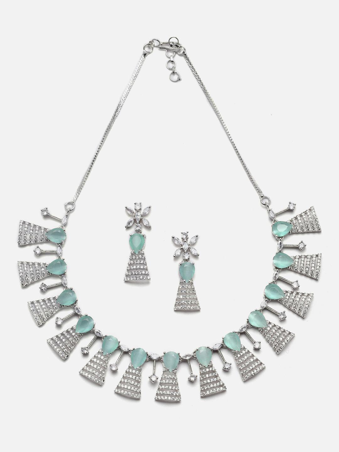 aazeen rhodium-plated silver-toned ad studded jewellery set