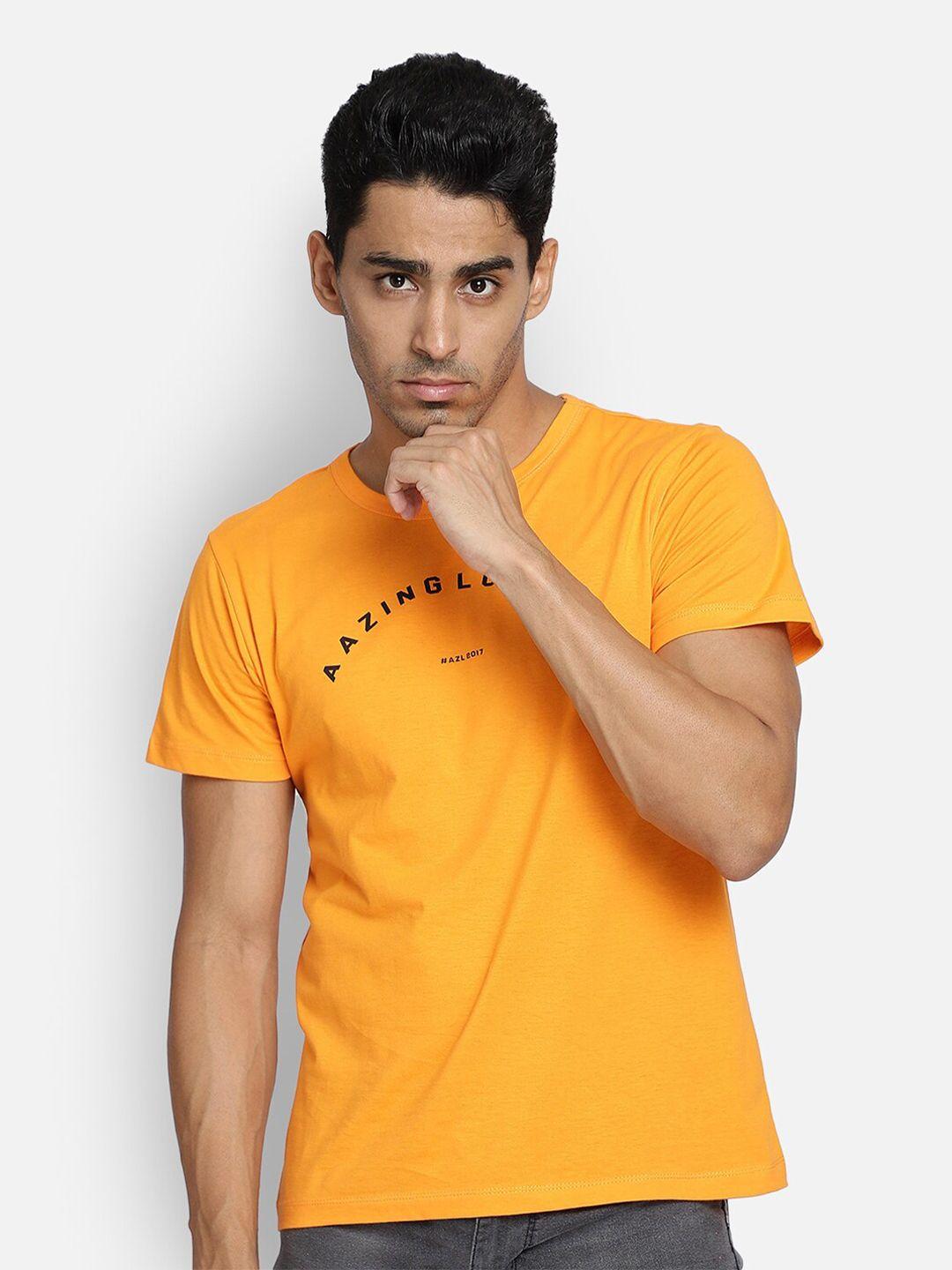 aazing london men orange typography printed raw edge t-shirt