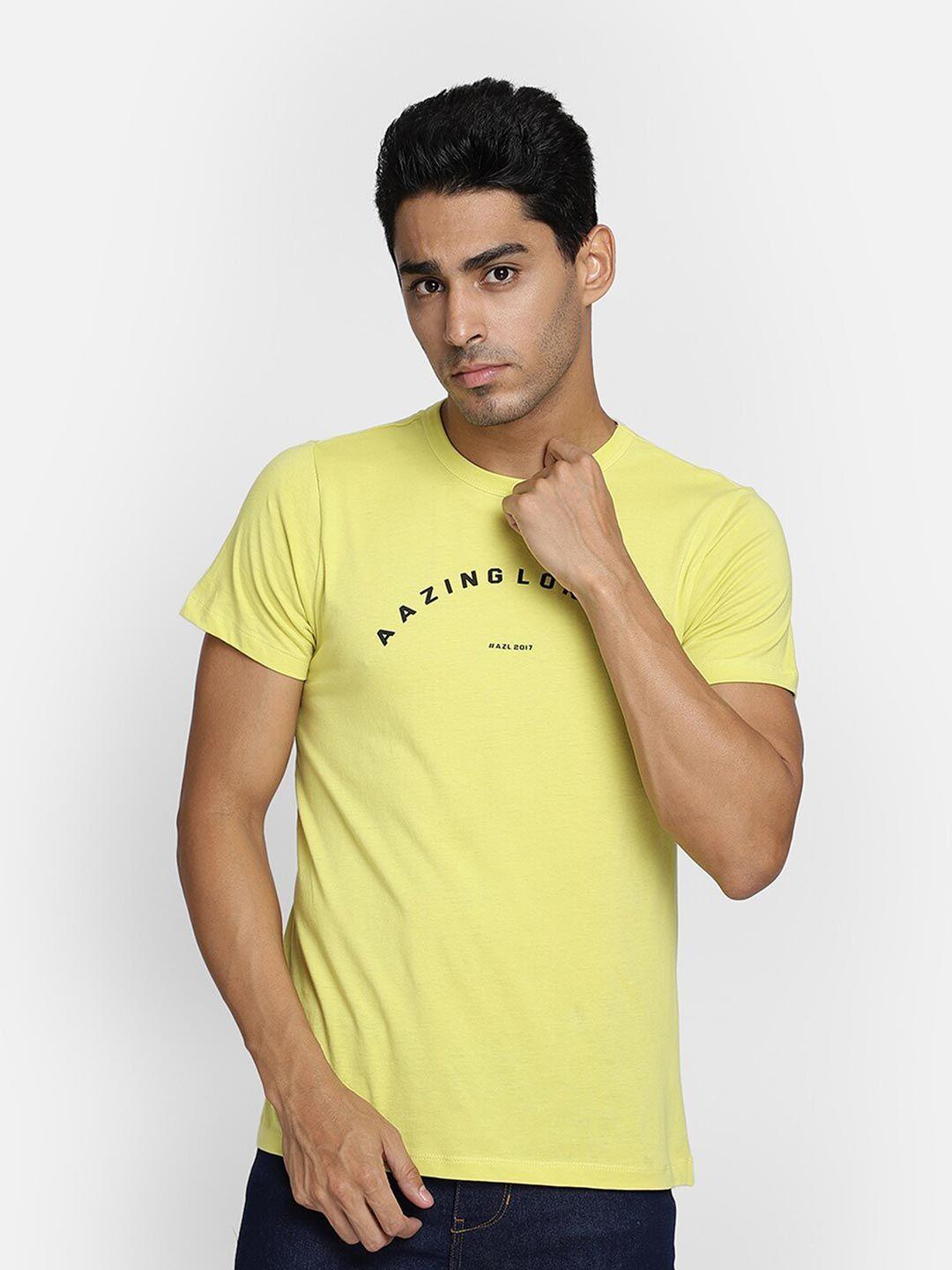 aazing london men yellow typography printed t-shirt
