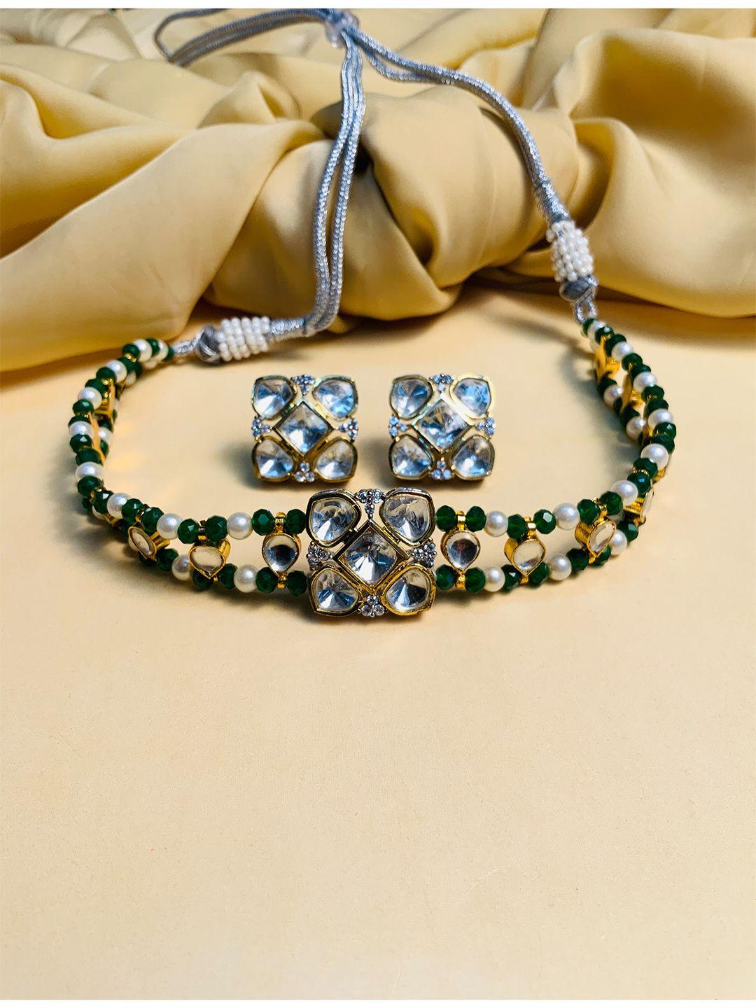 abdesigns gold-plated kundan stone studded & pearl beaded polki jewellery set