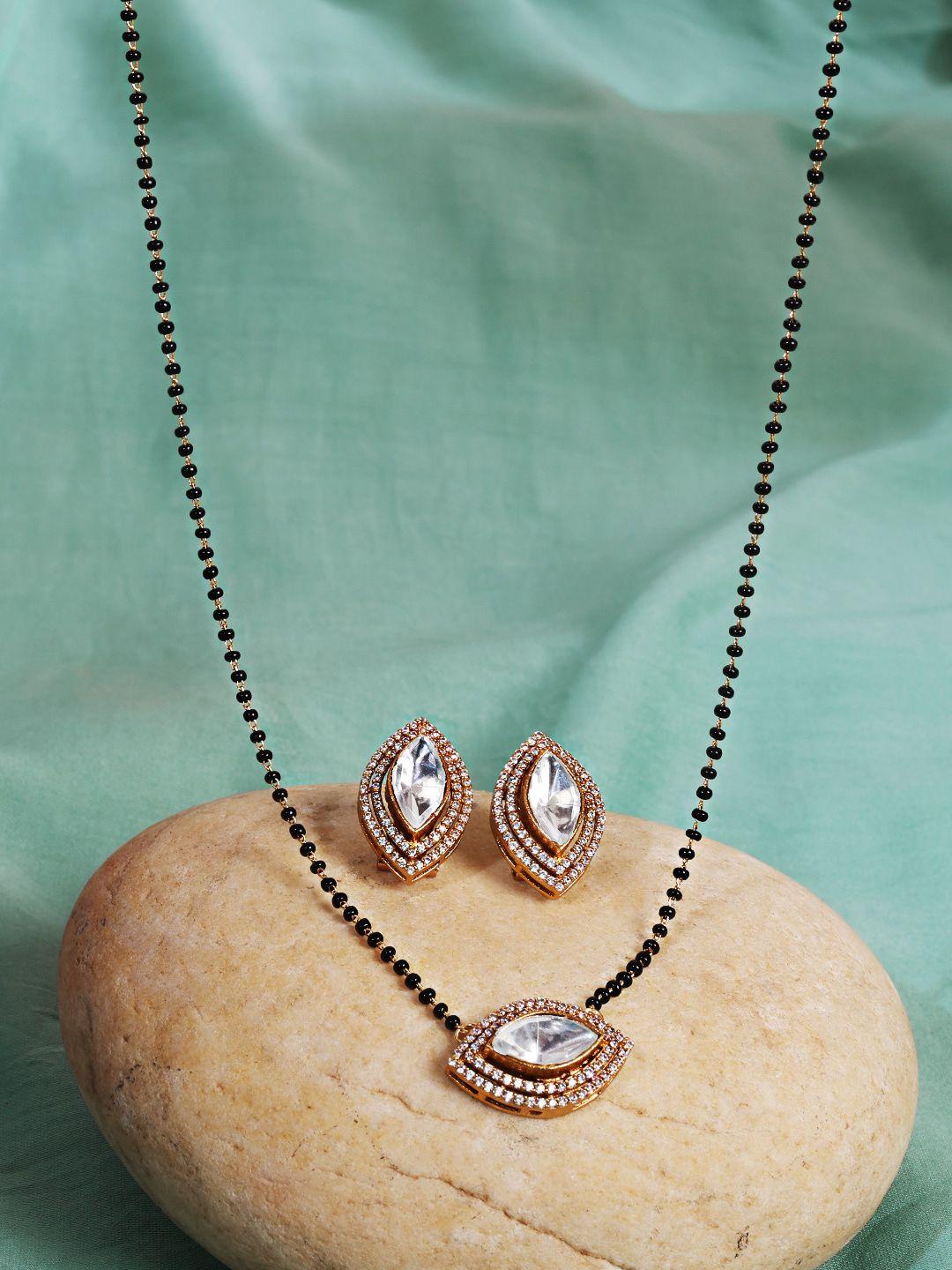 abdesigns gold-plated polki diamond studded & beaded mangalsutra & earrings set