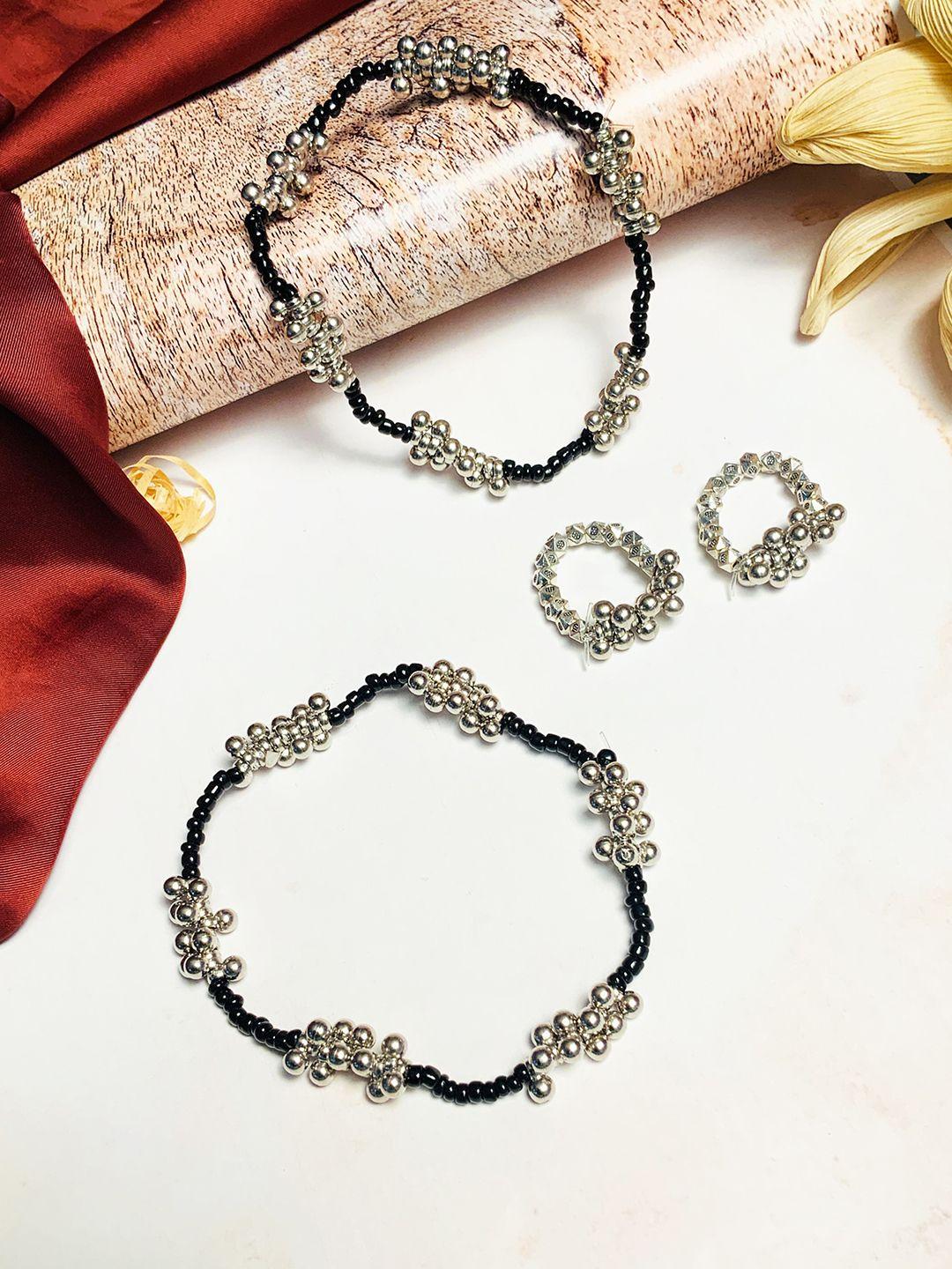 abdesigns set of 4 silver-plated oxidised ghungroo anklets with toerings