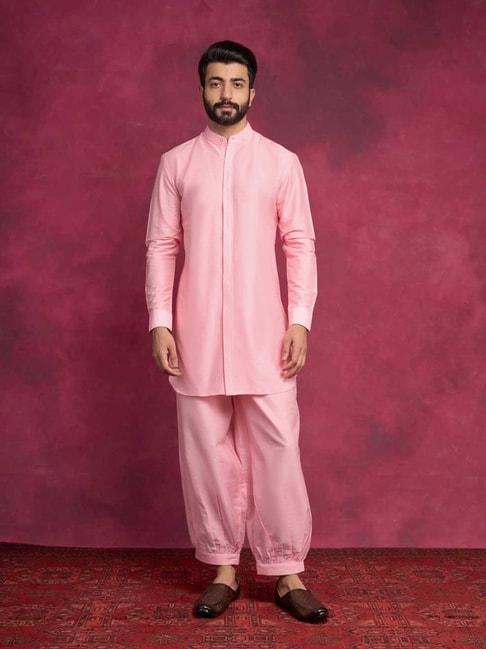 abhishti pink straight fit high-low hem kurta & pathani pants set