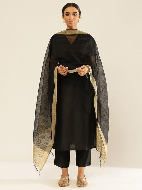 abhishti black cotton kurta pant set with dupatta