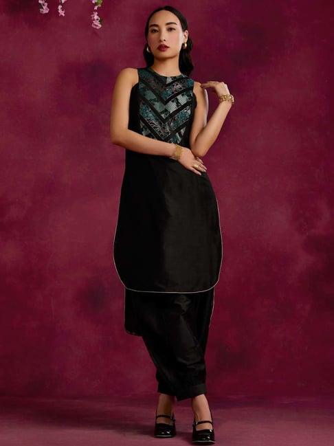 abhishti black cotton woven pattern kurta salwar set