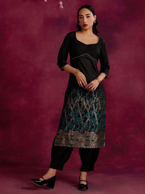 abhishti black cotton woven pattern straight kurta