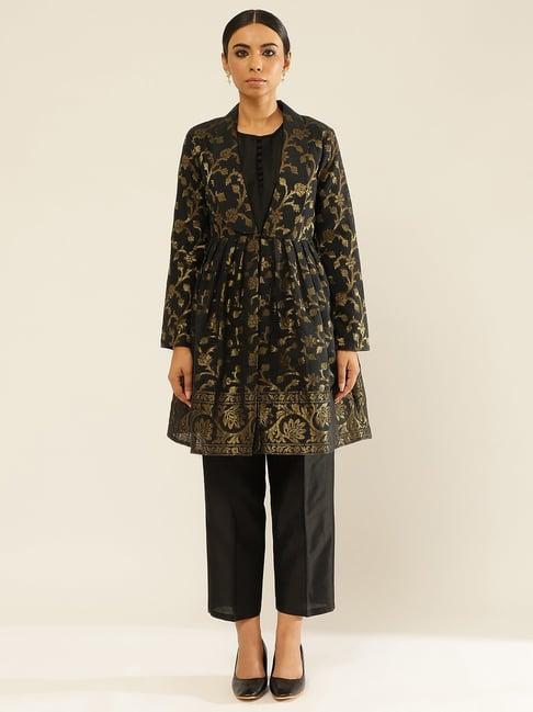abhishti black cotton zari work jacket pant set with top