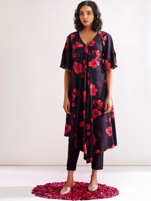 abhishti black floral print high-low kurta