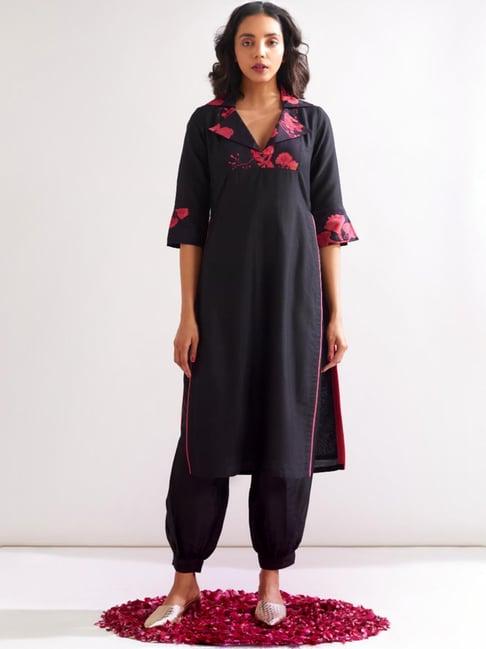 abhishti black floral print straight kurta