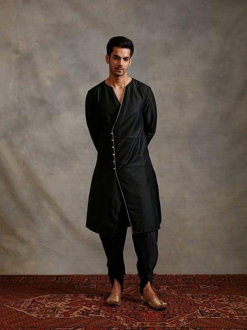 abhishti black regular fit overlapped buttoned down kurta