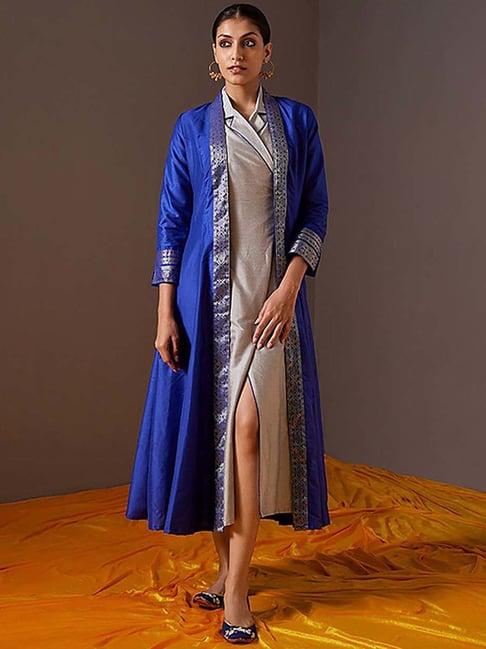 abhishti blue & grey cotton zari work a-line wrap dress with jacket