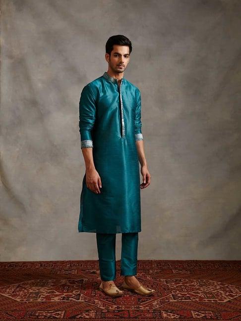 abhishti blue regular fit banarasi zari detail buttoned down kurta & straight pants