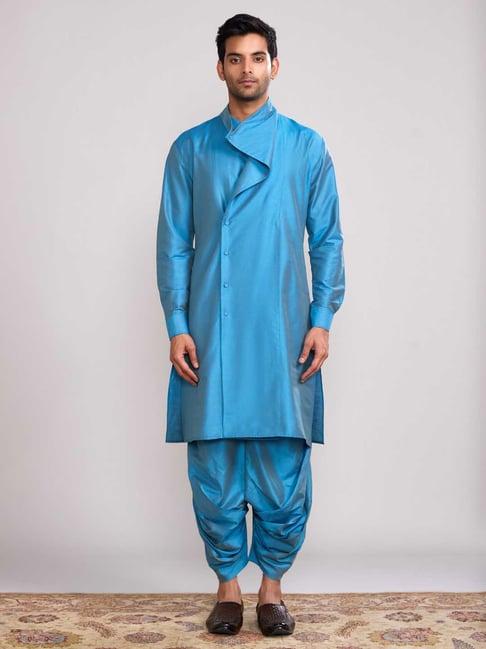 abhishti blue straight fit overlap draped neck kurta