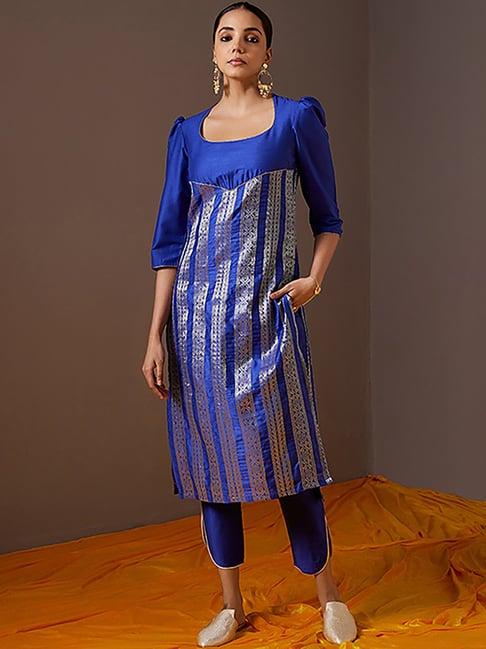 abhishti blue zari work kurta pant set