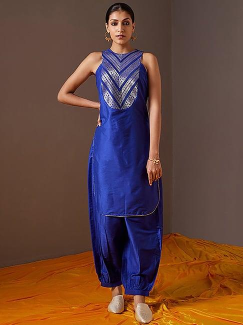 abhishti blue zari work kurta pant set