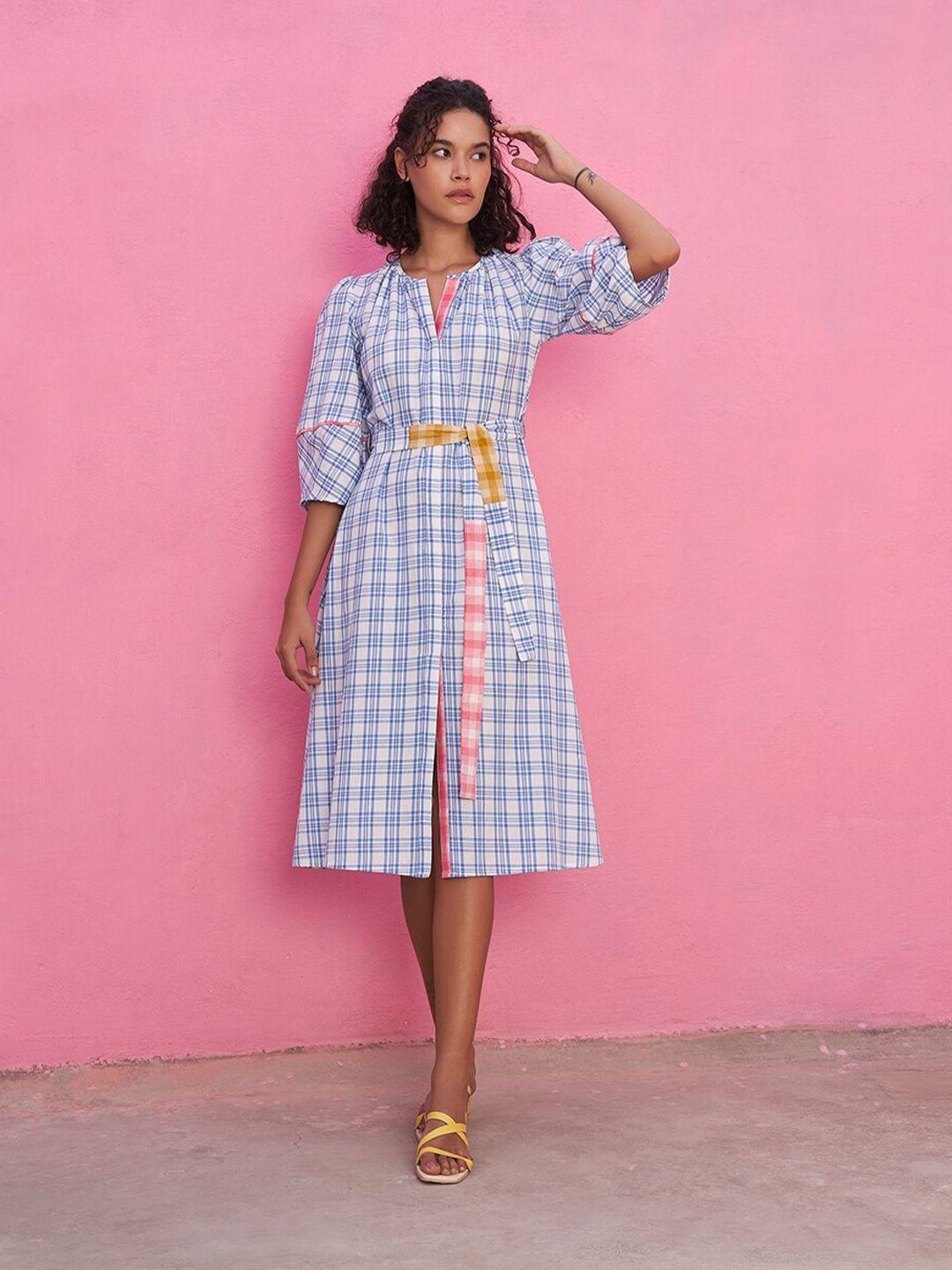 abhishti checked cotton a-line midi dress with belt