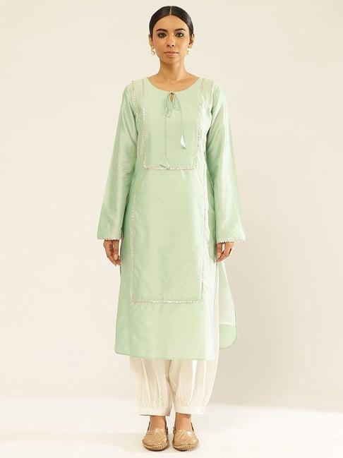 abhishti green & white cotton kurta pathani pant set