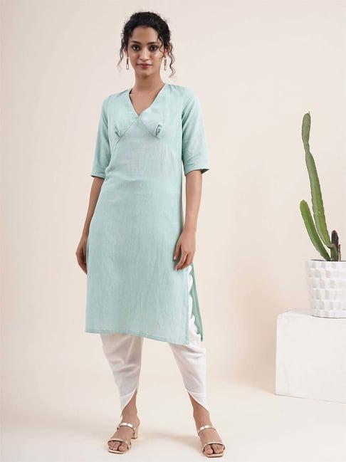 abhishti green & white kurta dhoti pant set