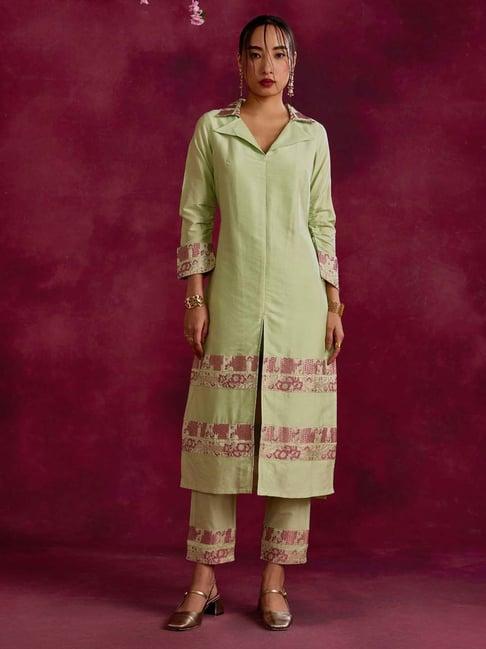 abhishti green cotton woven pattern kurta pant set