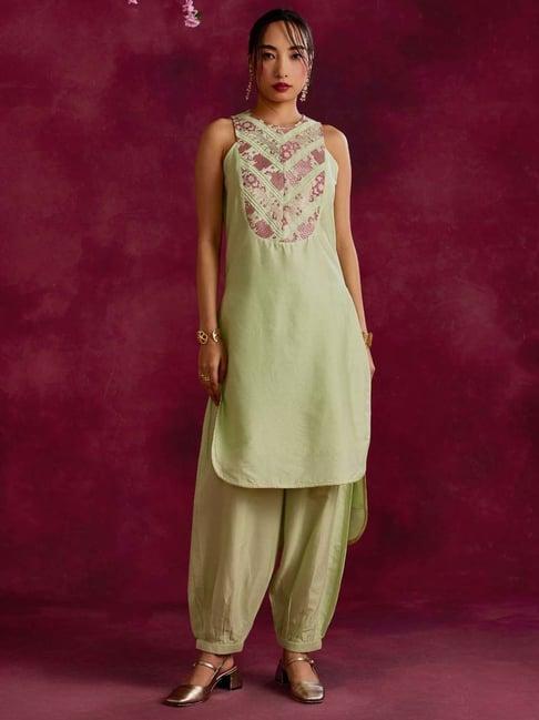 abhishti green cotton woven pattern straight kurta