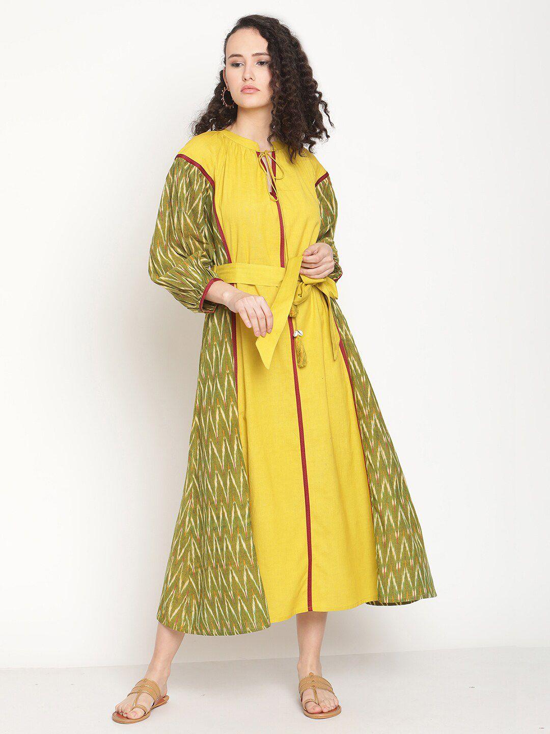 abhishti green ethnic cotton a-line panelled midi dress with waist belt