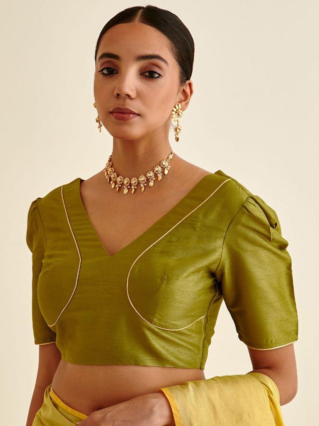 abhishti green solid cotton saree blouse