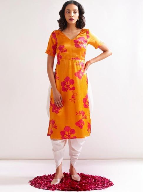 abhishti orange & white floral print kurti dhoti pant set