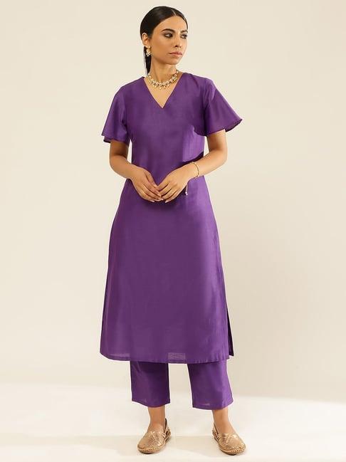 abhishti purple cotton kurta pant set