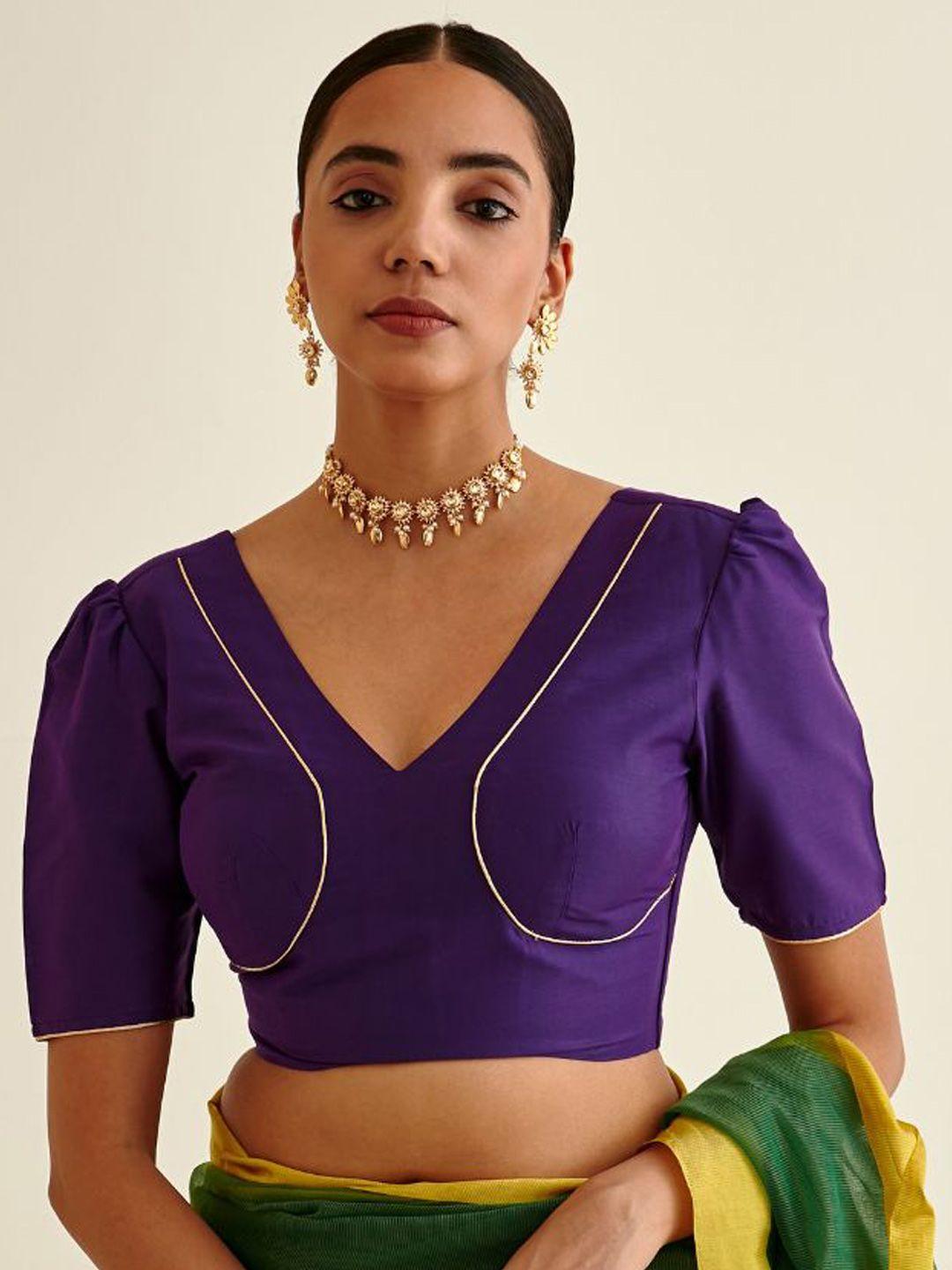 abhishti purple solid cotton readymade saree blouse