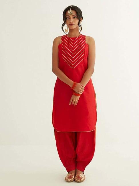 abhishti red striped kurta dhoti pant set