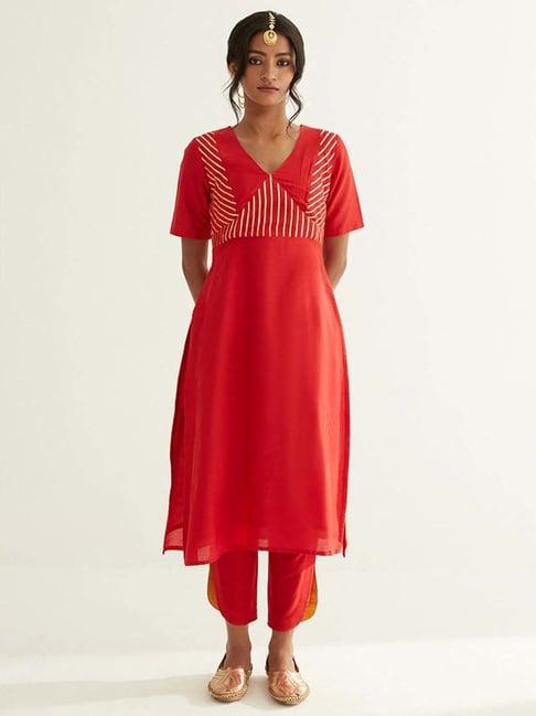 abhishti red striped kurta pant set