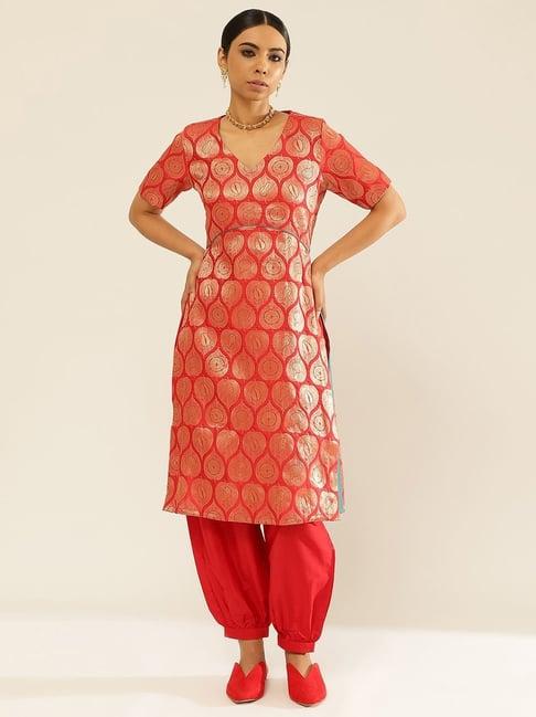 abhishti red zari work kurta pathani pant set