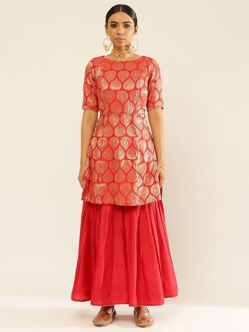 abhishti red zari work kurta sharara set