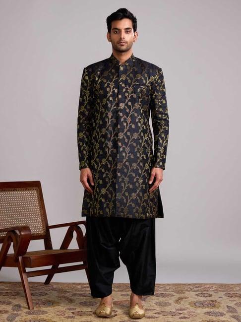 abhishti rich black straight fit banarasi printed kurta