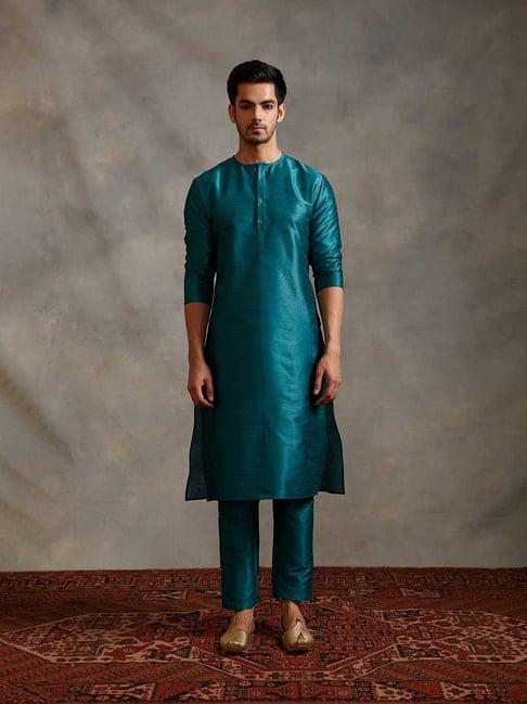 abhishti teal regular fit banarasi straight kurta