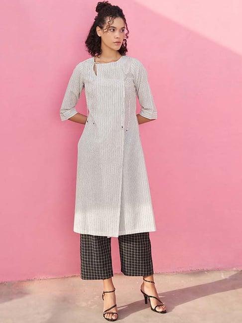 abhishti white & black cotton printed kurta palazzo set