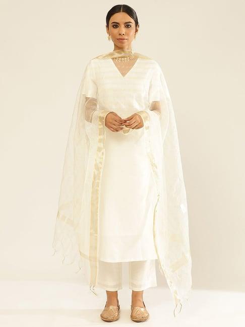 abhishti white cotton kurta pant set with dupatta
