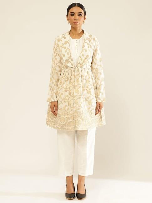 abhishti white cotton zari work jacket pant set with top